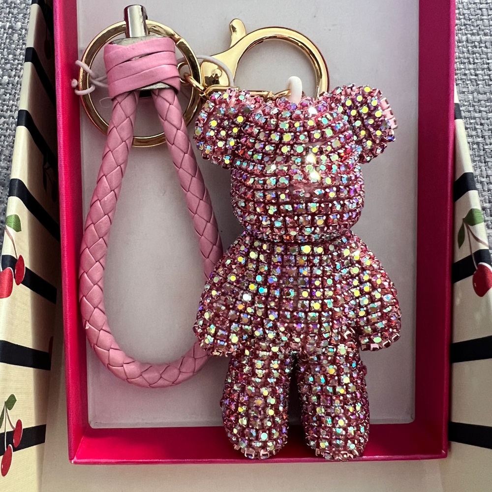 Super cute!!! Pink Rhinestone Bear Keychain with Braided Strap